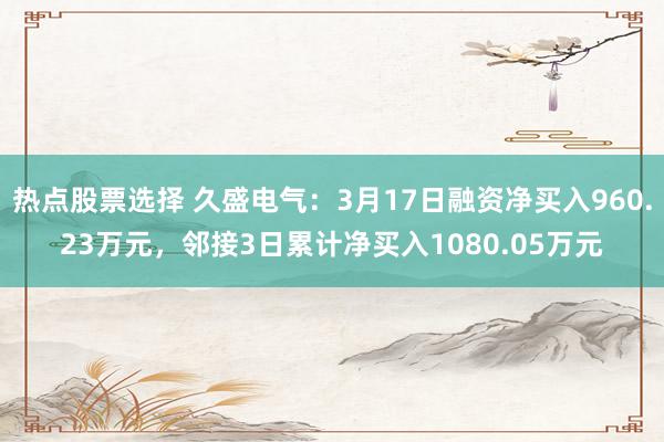 热点股票选择 久盛电气：3月17日融资净买入960.23万元，邻接3日累计净买入1080.05万元